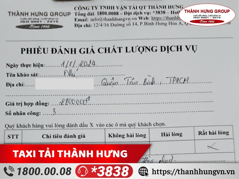 Phiếu đánh giá chất lượng dịch vụ của Chuyển nhà Thành Hưng