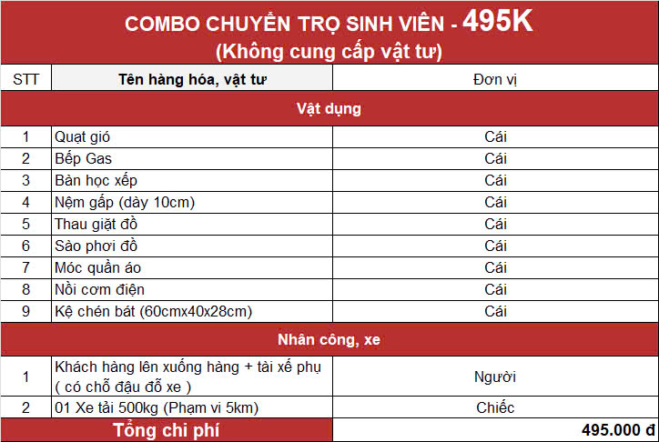 Combo chuyển nhà trọ tiết kiệm 495k