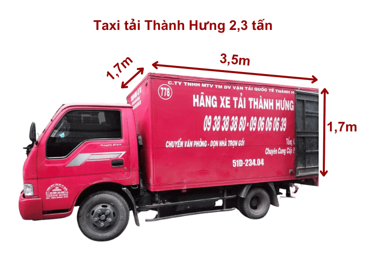 Giá thuê xe tải 2,3 tấn 3,5 m x 1,7m x 1,7 m