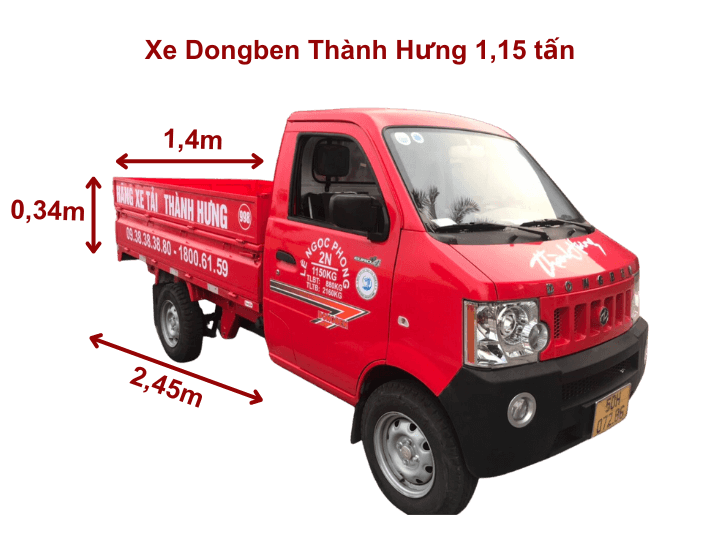 Giá xe tải Thành Hưng 1.15 tấn kích tước 2,45m x 1,4m x 0,34m
