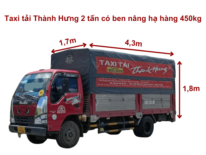 Giá xe tải Thành Hưng 2 tấn có ben nâng hạ kích thước 4,3m x 1,7m x 1,8m