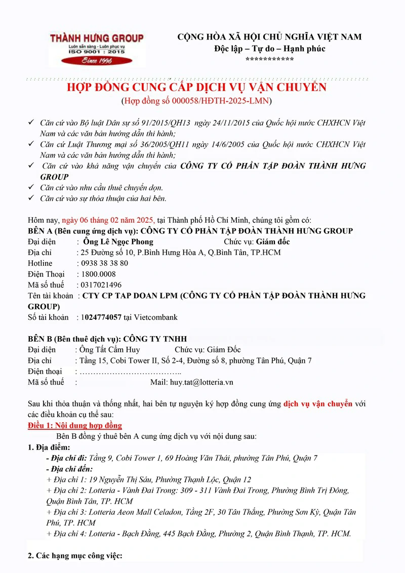 Hợp đồng Taxi tải Thành Hưng