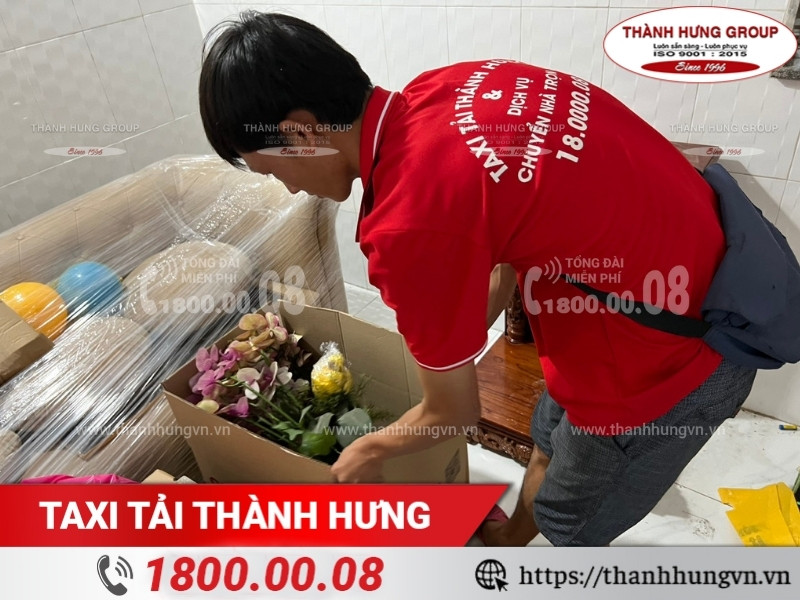 Nhân viên Thành Hưng đóng gói và dán nhãn thùng carton bọc cây cảnh.