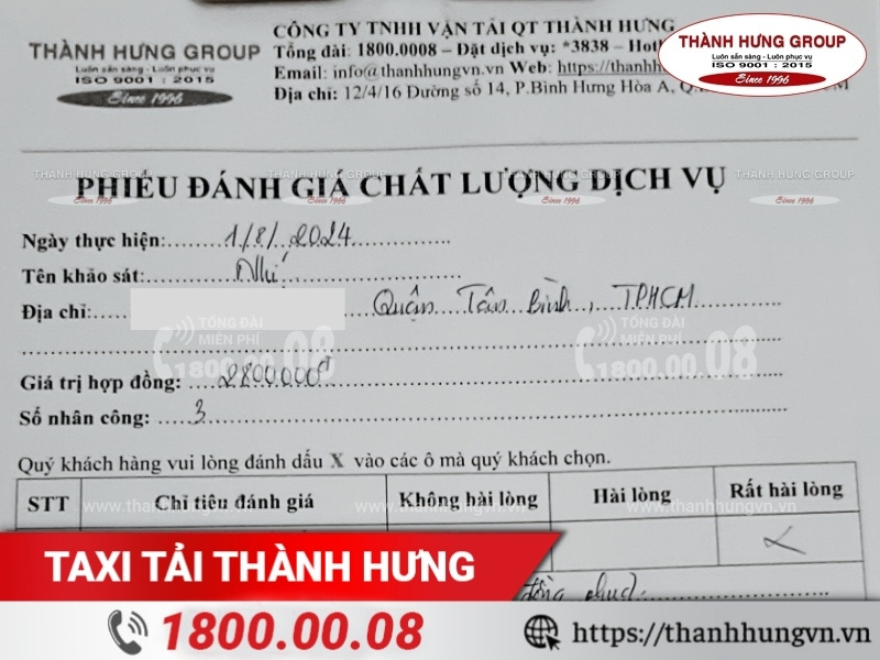 Phiếu đánh giá chất lượng dịch vụ của Chuyển nhà Thành Hưng
