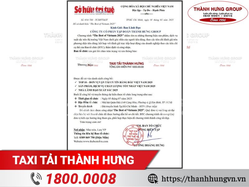 Taxi Tải Thành Hưng tự hào được chương trình “The Best Of VietNam 2025” đề cử 3 hạng mục quan trọng