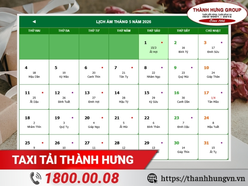 Tháng 5 năm 2026 tương ứng với âm lịch nào?