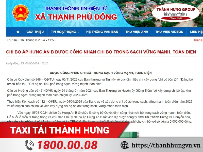 Taxi Tải Thành Hưng hân hạnh tham dự buổi lễ và ủng hộ kinh phí cho Chi Bộ Ấp Hưng An B