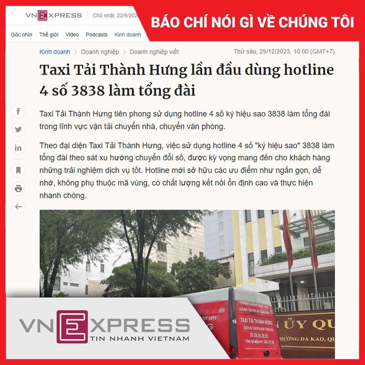 Taxi Tải Thành Hưng lần đầu dùng hotline 4 số 3838 làm tổng đài