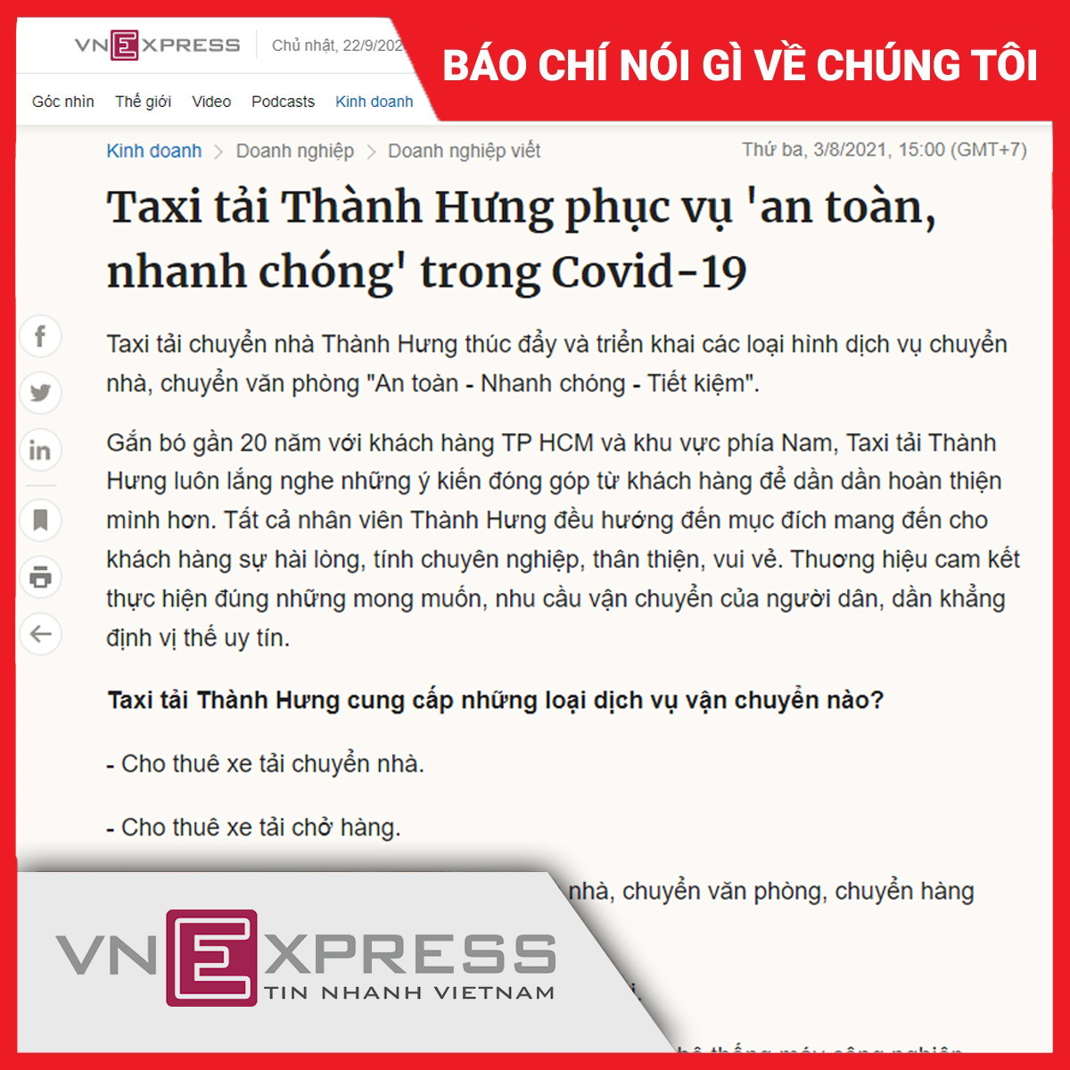 Taxi tải Thành Hưng phục vụ 'an toàn, nhanh chóng' trong Covid-19